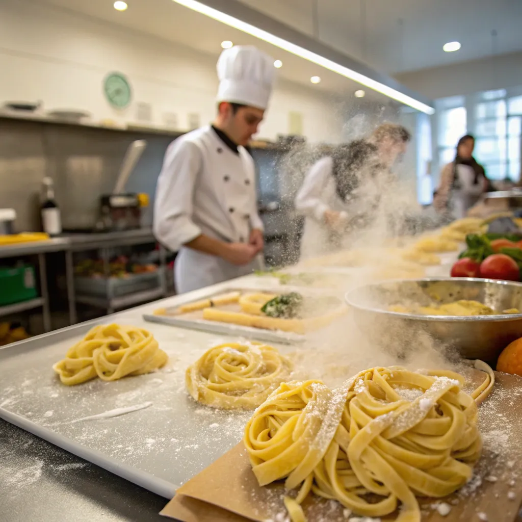 Freshly made pasta in a culinary class
